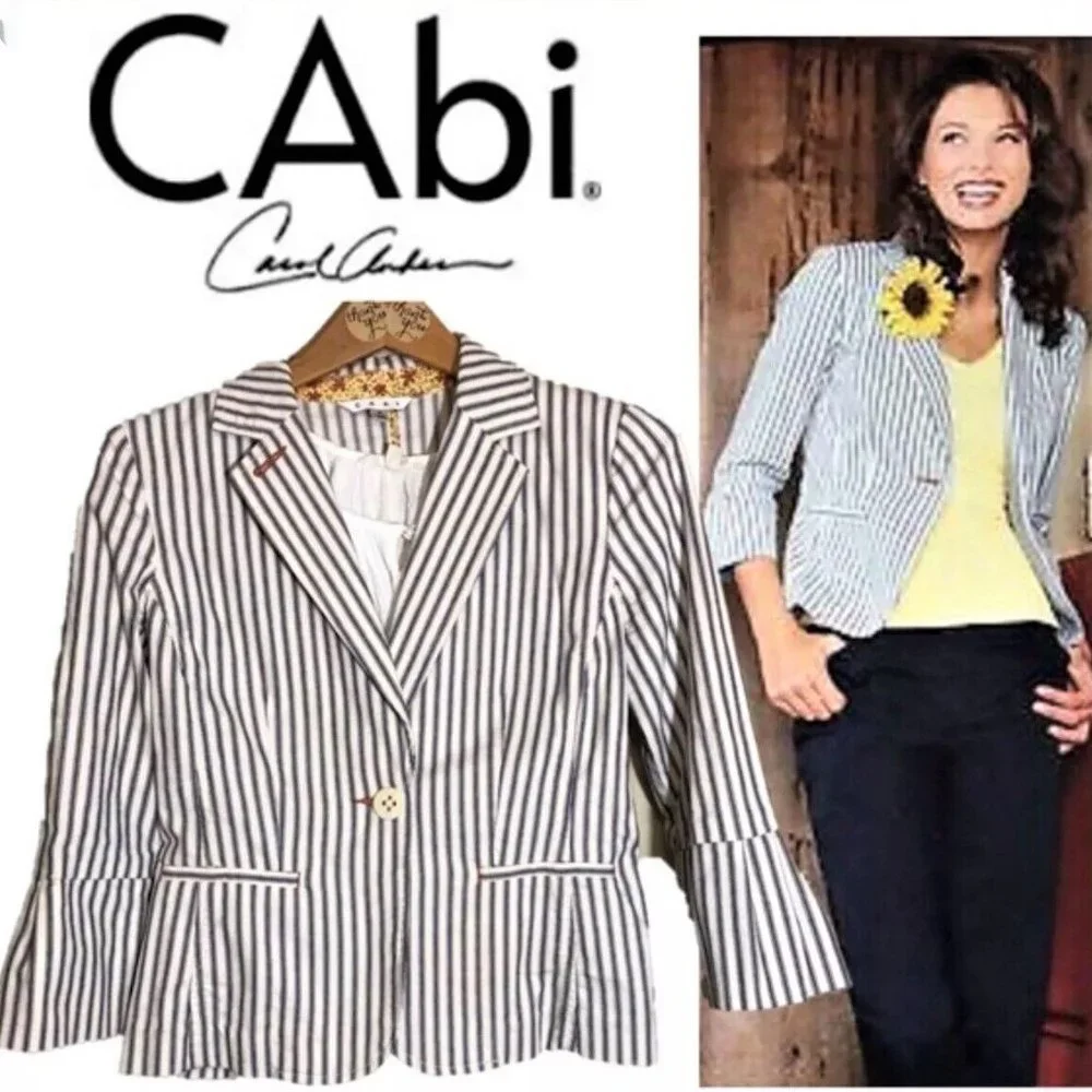 Gorgeous Vintage cabi Spring 2008 Nautical Navy & White Ticking Blazer - Picture 1 of 13